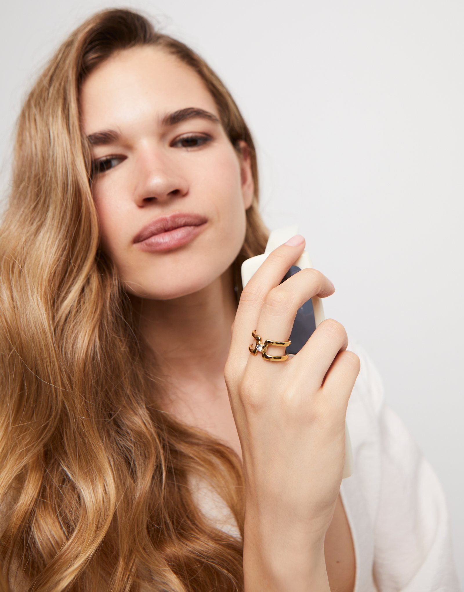 Double 18K gold-plated ring with white topaz, Golden, large thumbnail